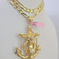 14k Figaro Chain Jesus Anchor Charm Pendant Gold 7mm 20-30 inch SET Necklace