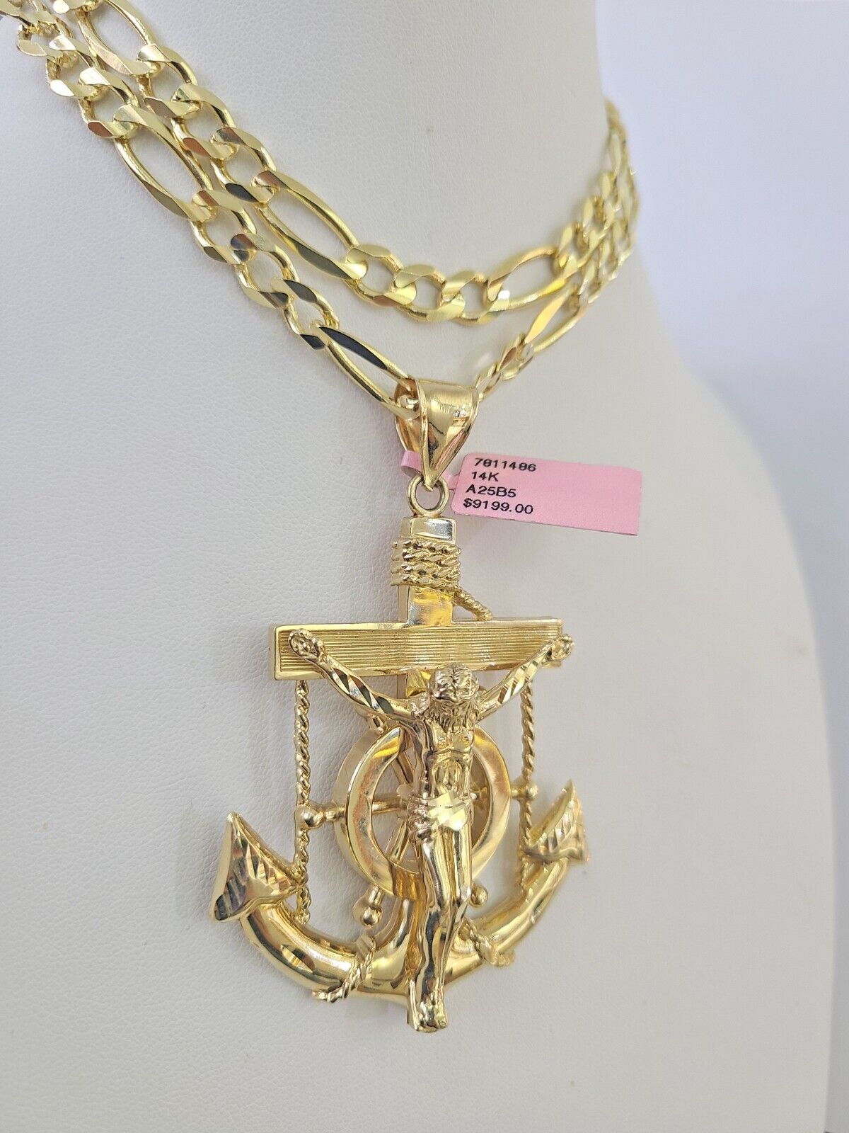 14k Figaro Chain Jesus Anchor Charm Pendant Gold 7mm 20-30 inch SET Necklace