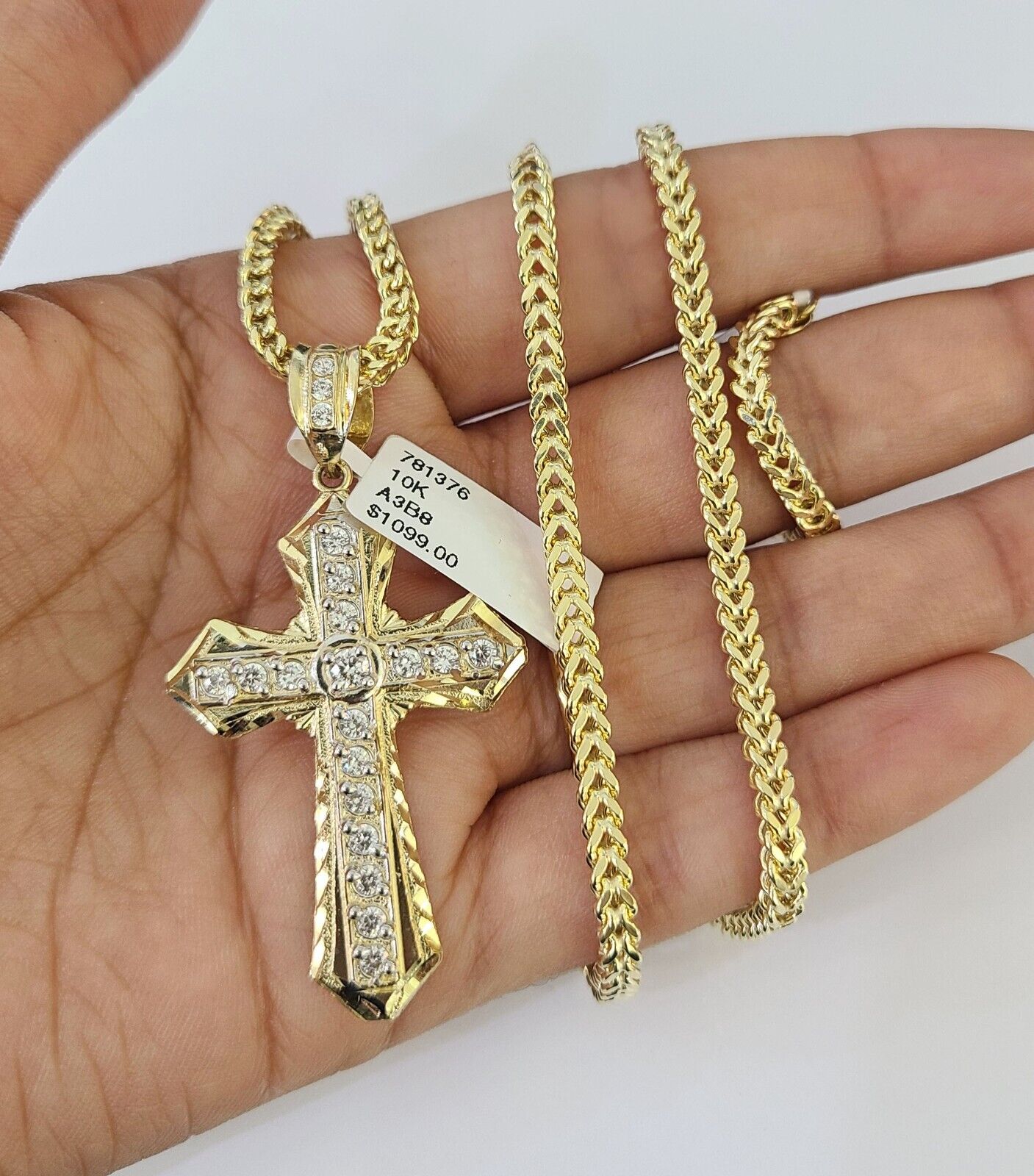 10K Franco Chain Jesus Cross Pendant Charm Necklace 20"-26" 3mm Gold Yellow SET