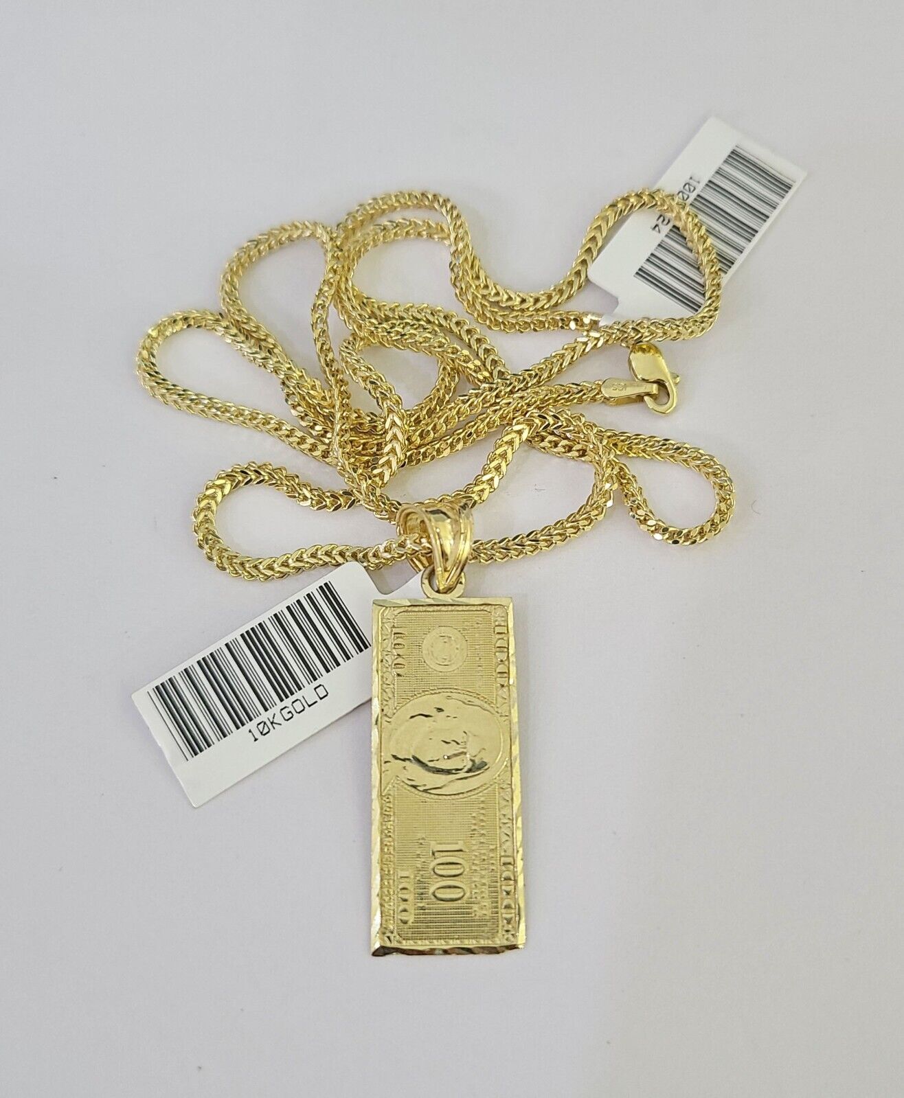 10K Franco Chain 100 Money Dollar Pendant Charm Necklace 16"-24" 2mm Gold SET