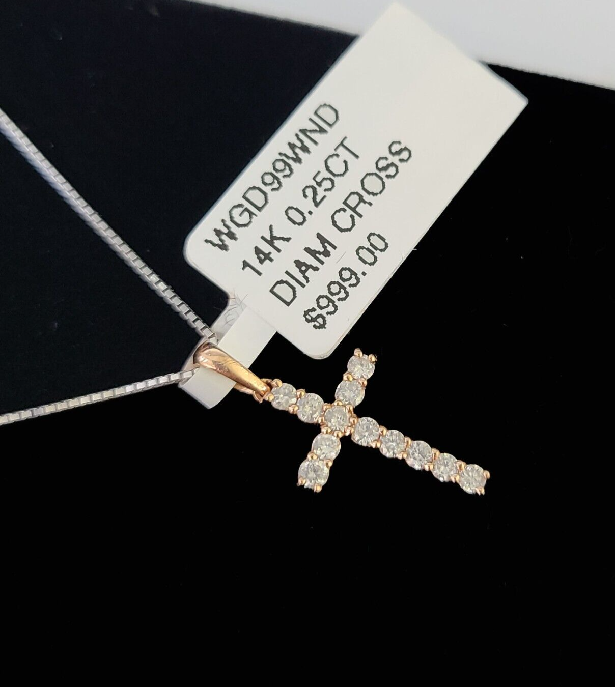 Real 14k Box Chain Jesus Cross Diamond Pendant Gold Necklace SET Women