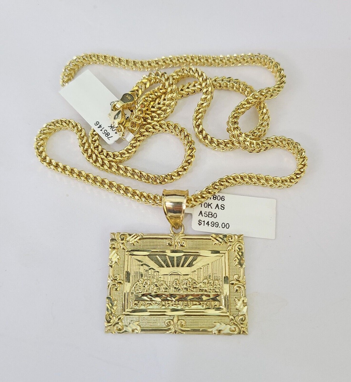 10K Franco Chain Last Supper Pendant Charm Necklace 20"-26" 3mm Yellow Gold SET