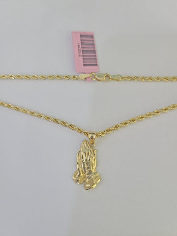 14k Rope Chain Praying Hands Charm Pendant Gold 2mm 18"-24inch SET Necklace