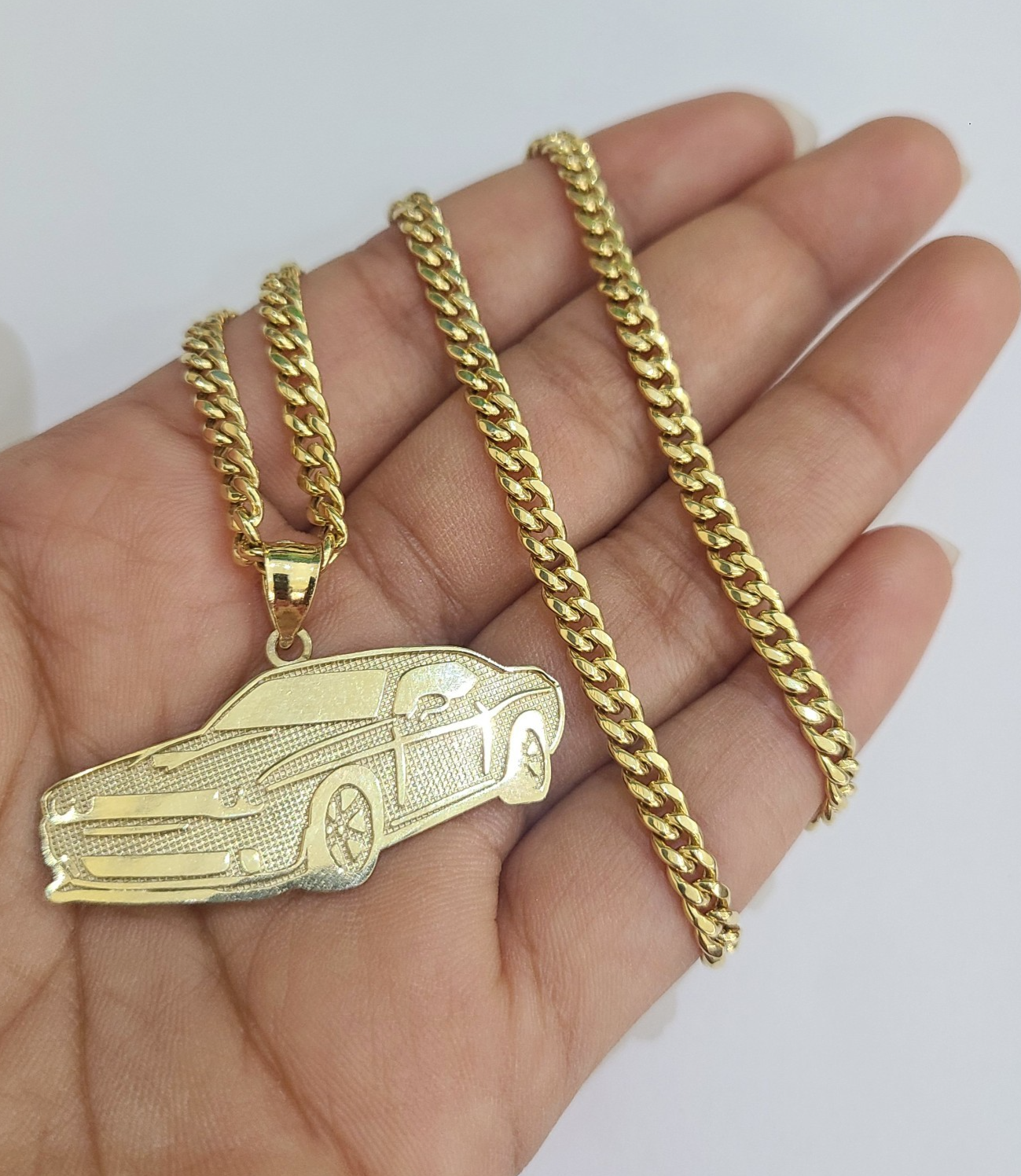10k Gold Chain Miami Cuban Car Challenger Charm Pendant Set 4mm 18"28" Necklace
