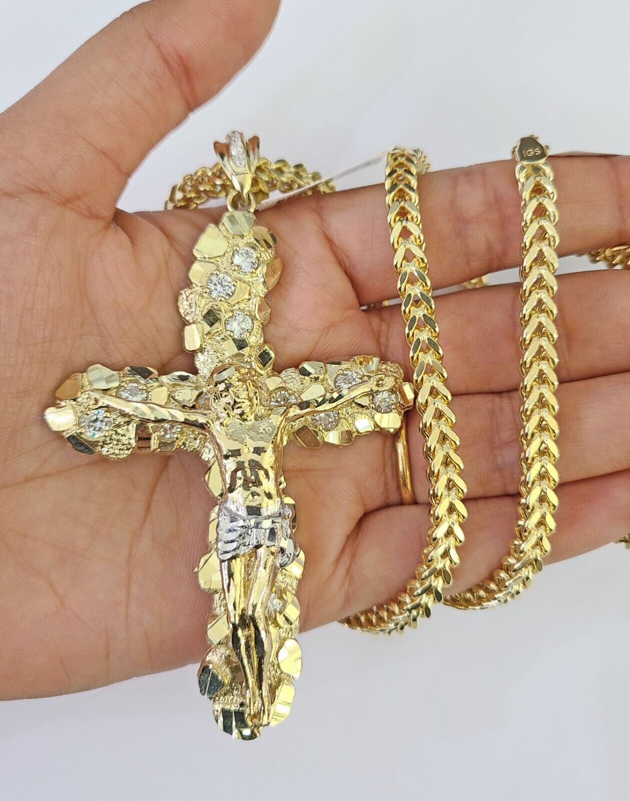 10K Franco Chain Jesus Cross Pendant Charm Necklace 20"-26" 5mm Gold Yellow SET