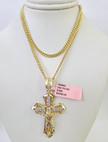 14k Miami Cuban Chain Jesus Cross Charm Pendant 3mm 18"24" inch SET Necklace