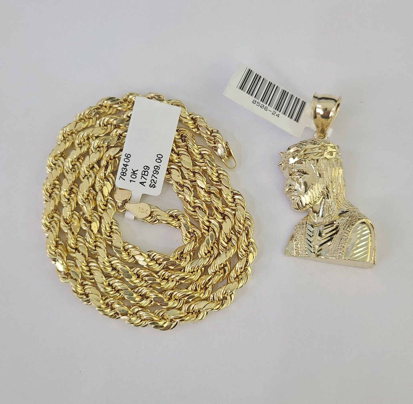 Real 10k Rope Chain Jesus Charm Necklace Pendant Set 5mm 20"-30" Inch Gold