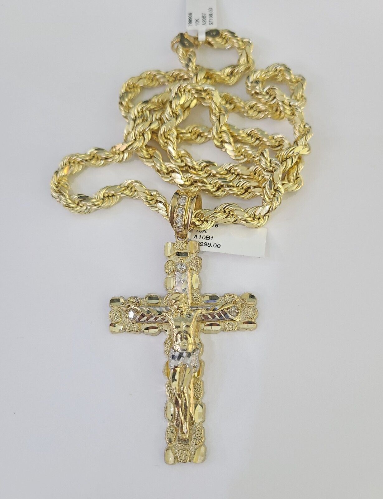 Real 10k Rope Chain Jesus Cross Charm Set 7mm 20"-28" Inch Necklace Yellow Gold