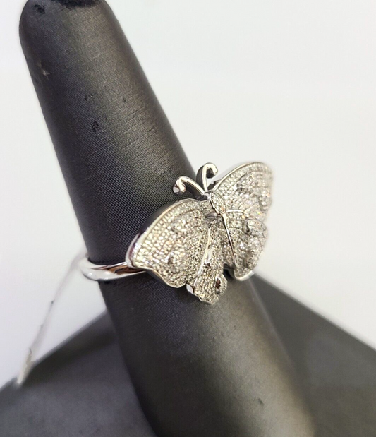 Real 10k Butterfly Diamond Ladies Ring Women Casual 10Kt White Gold