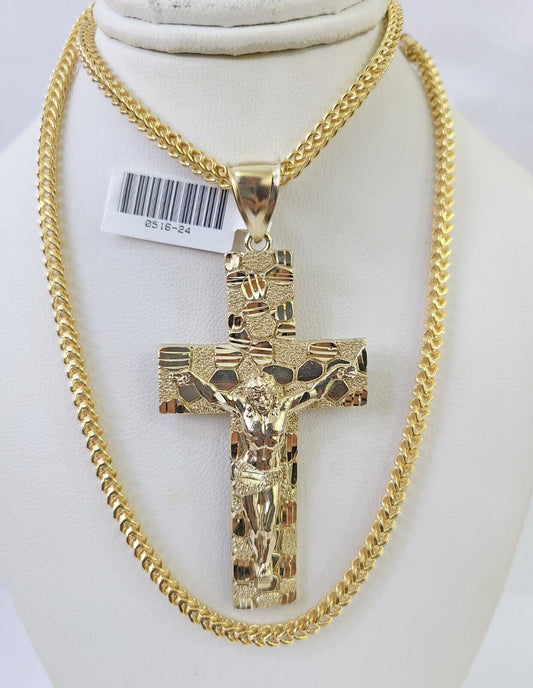 10K Franco Chain Jesus Crucifix Cross Pendant Charm Necklace 20"-26" 3mm Gold