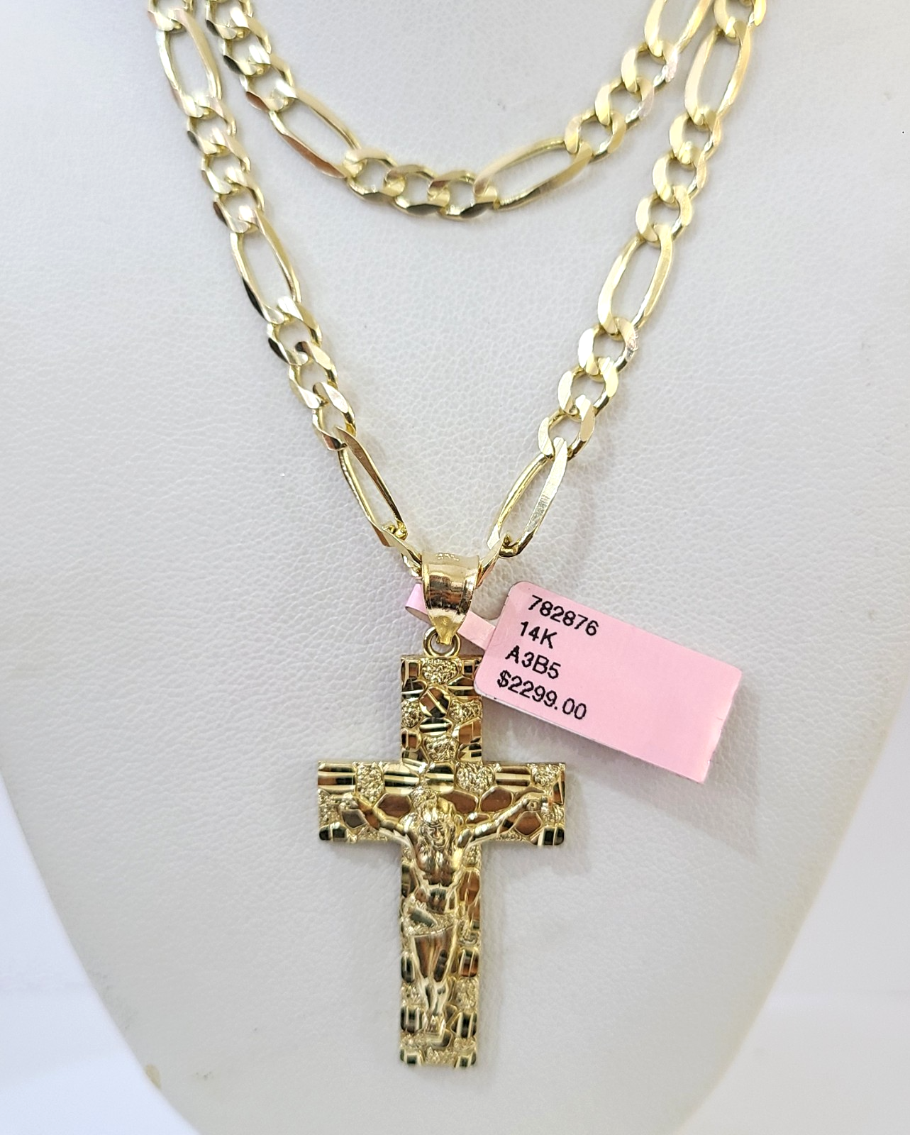 14k Solid Figaro Chain Nugget Jesus Cross Pendant Gold 4mm 18"-28" SET Necklace