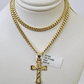 10k Gold Chain Miami Cuban Jesus Cross Charm Pendant Set 4mm 18"-28" Necklace