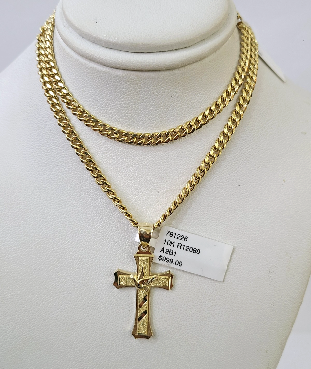 10k Gold Chain Miami Cuban Jesus Cross Charm Pendant Set 4mm 18"-28" Necklace