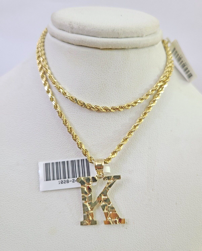 10k Gold Initial K Charm Rope Chain 16"-26" 2.5mm SET Necklace Alphabet Pendant