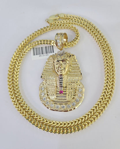 10K Franco Chain Pharaoh Pendant Charm Necklace 20"-28" 4mm Yellow Gold SET