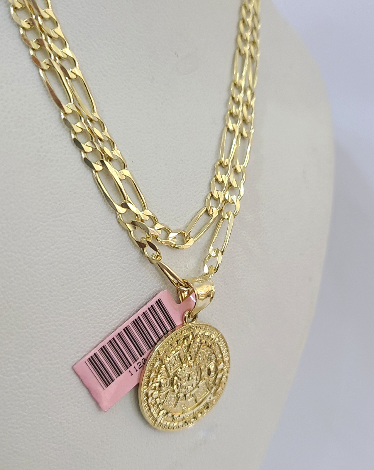 14k Solid Figaro Chain Mayan Calendar Pendant Gold 4mm 18-28 inch SET Necklace
