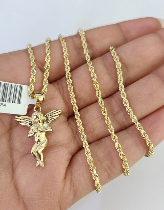 10k Solid Rope Chain 2mm Praying Angel Pendant Charm Necklace SET 18-22" Ladies