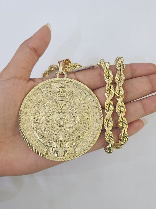 10k Solid Rope Chain Mayan Calendar Pendant Necklace 7mm 20"-30" SET Charm