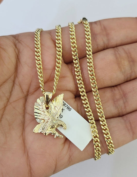 10K Gold Miami Cuban Chain Flying Eagle 18"-28" 3mm REAL Pendant Necklace SET