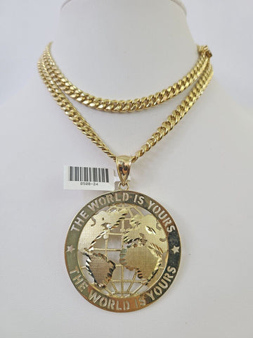 10K Miami Cuban Link Chain World is Yours Pendent Charm 6mm 20"-30" Necklace