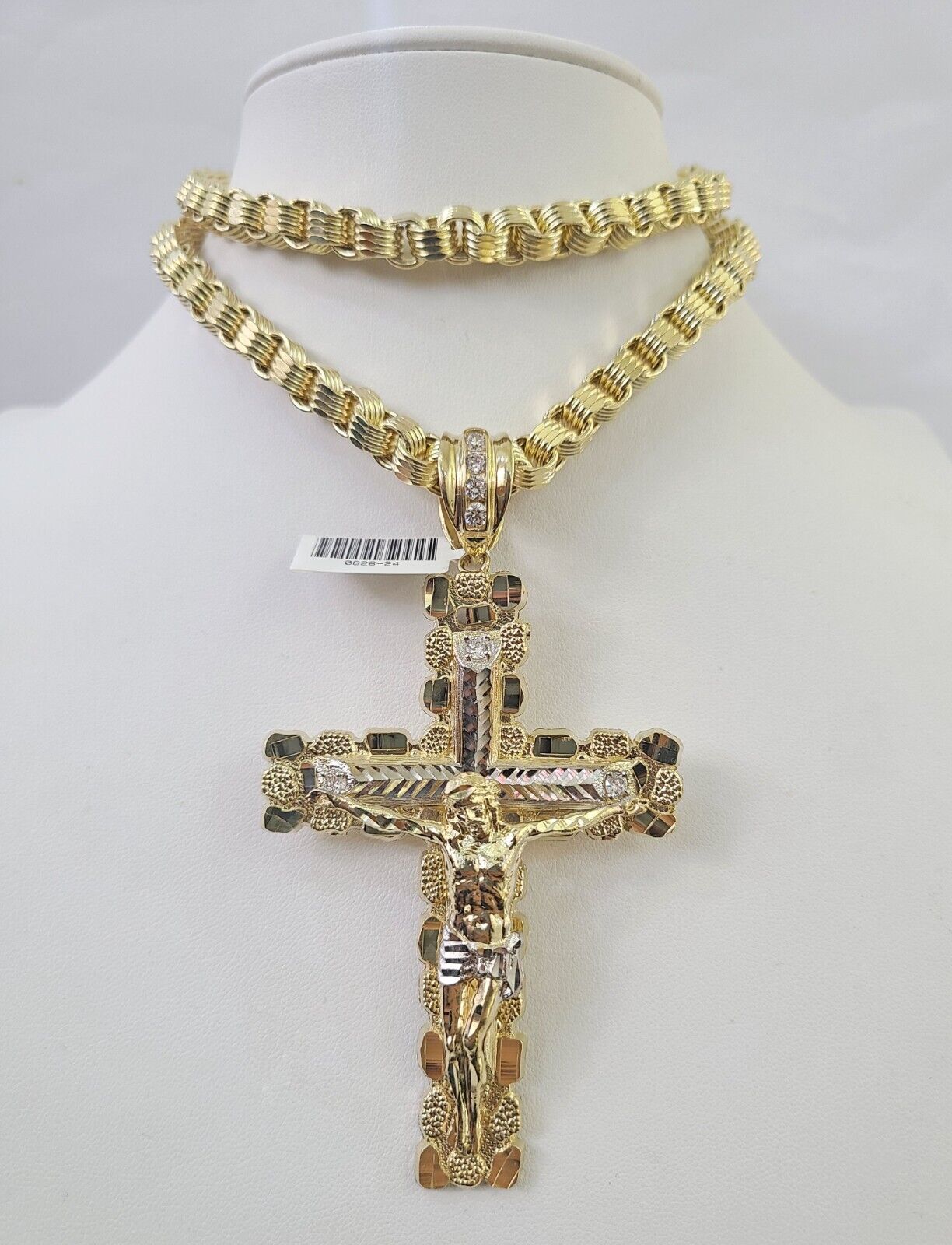 10k Gold Byzantine Necklace Jesus Cross Charm Pendant 20"-30" 8mm REAL SET Chain