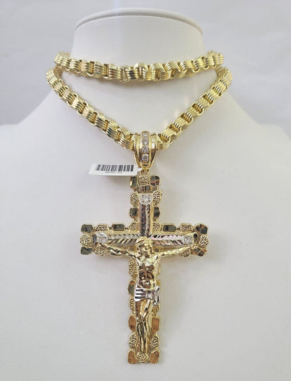 10k Gold Byzantine Necklace Jesus Cross Charm Pendant 20"-30" 8mm REAL SET Chain