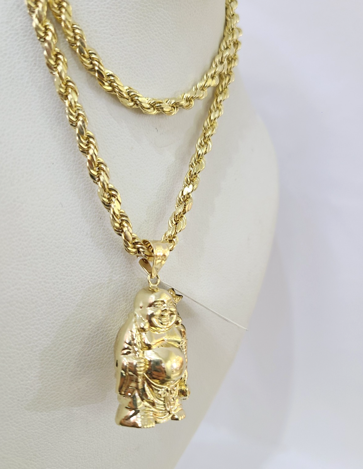Real 10k Gold Rope Chain Necklace Laughing Buddha Pendant Charm Set 4mm 20"-30"