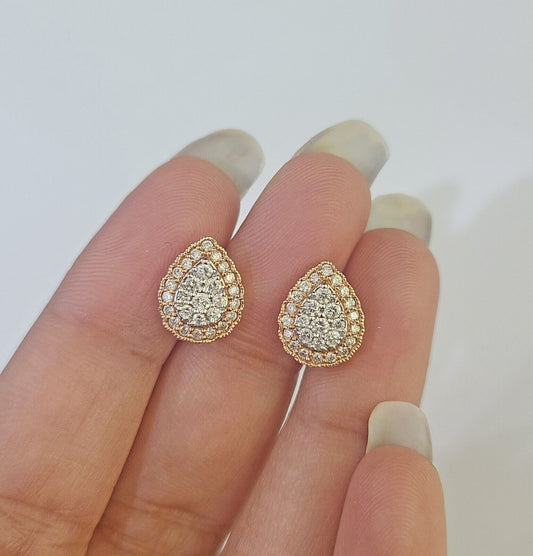 Real 10k Rose Gold Earrings Pear Shaped Diamond Screw-Back Women Men Studs