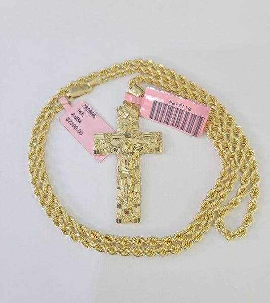 Real 14k Rope Chain Jesus Cross Charm Set Yellow Gold 3mm 18"-26" Necklace