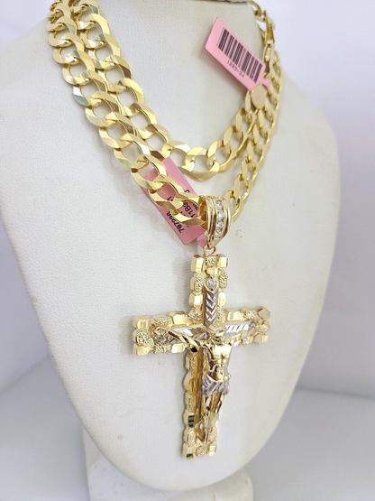 14k Gold Chain Jesus Cross Charm Solid Cuban Curb 10mm 20"-30" SET Necklace