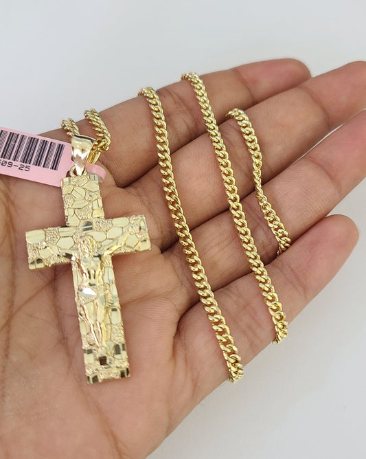 14k Miami Cuban Chain Nugget Cross Charm Pendant 3mm 18"24" inch SET Necklace