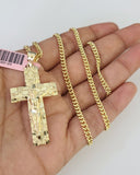 14k Miami Cuban Chain Nugget Cross Charm Pendant 3mm 18"24" inch SET Necklace