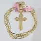 14k Solid Figaro Chain Jesus Cross Pendant Gold 5mm 18-28 inch SET Necklace