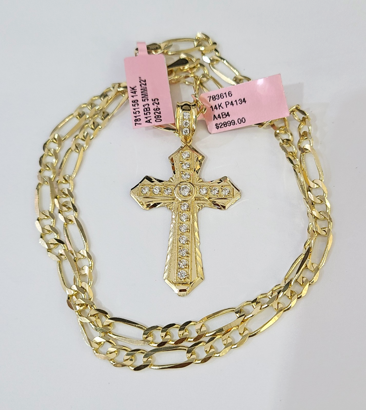 14k Solid Figaro Chain Jesus Cross Pendant Gold 5mm 18-28 inch SET Necklace