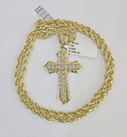 10k Solid Rope Chain Jesus Cross Charm Set 4mm 18"-30" Necklace Gold Pendant