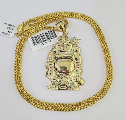 10K Gold Franco Chain Laughing Buddha Charm Pendant 20-26 inches 2.5mm Yellow