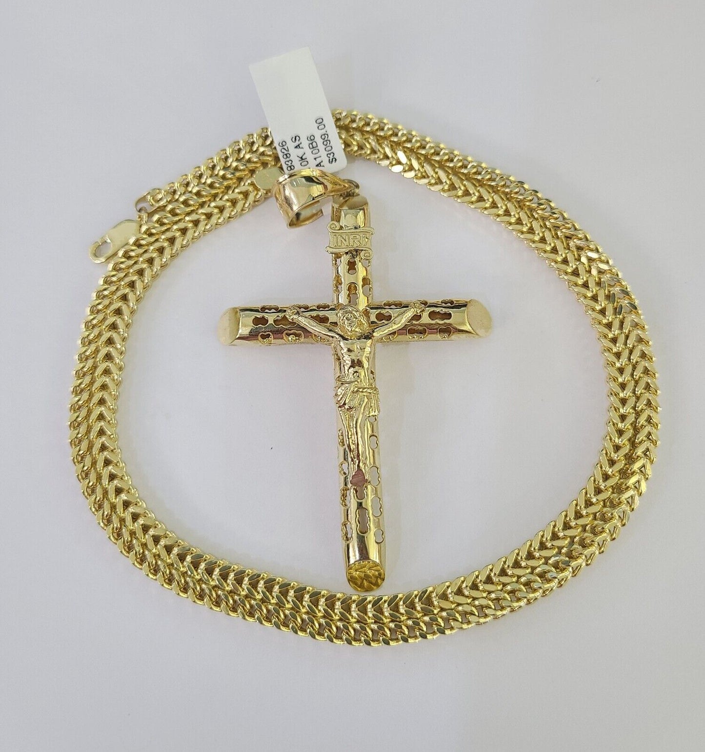 10K Franco Chain Jesus INRI Cross Pendant Charm Necklace 20"-28" 4mm Gold Yellow