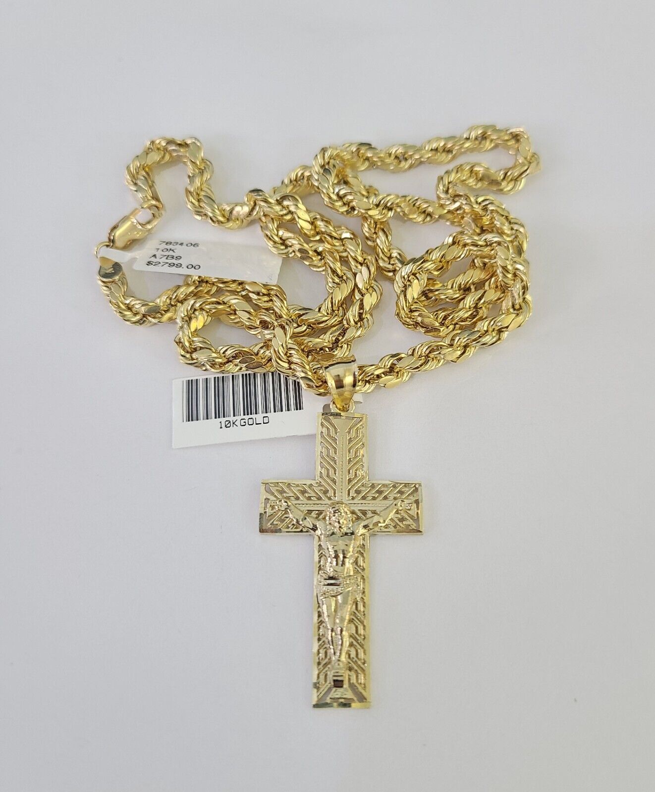 Real 10k Rope Chain Jesus Cross Charm Necklace Pendant Set 5mm 20"-30" Inch Gold