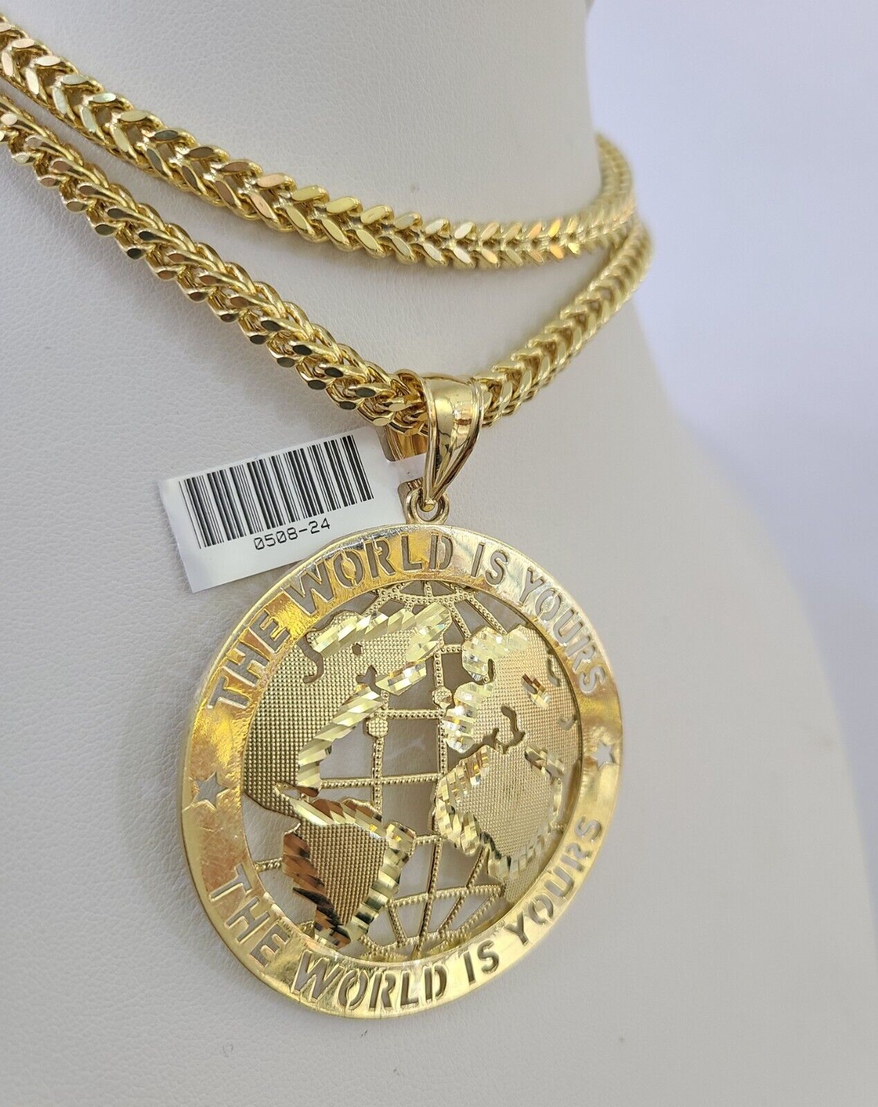 10K Franco Chain World is Yours Pendant Charm Necklace 20"-26" 5mm Gold SET