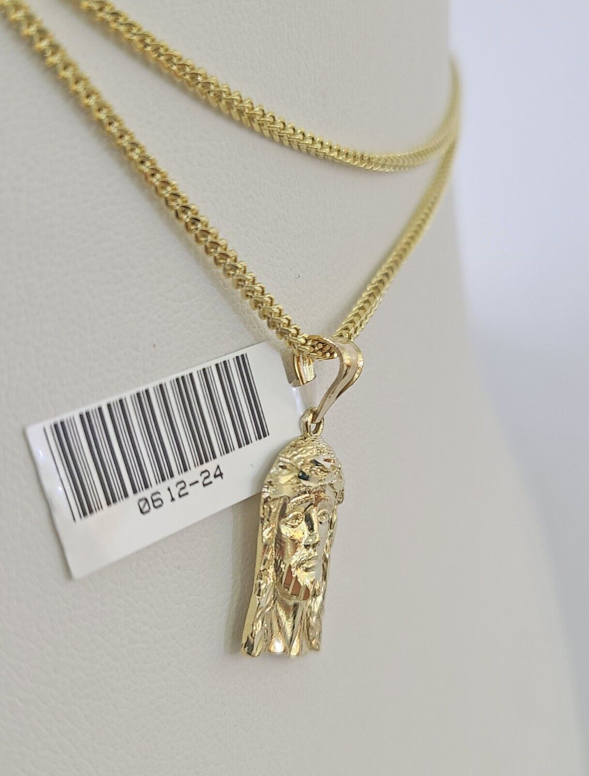 10K Solid Franco Chain Jesus Head Pendant Charm Necklace 18"-24" 1mm Gold