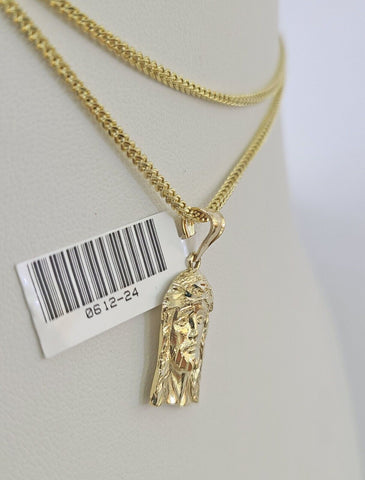 10K Solid Franco Chain Jesus Head Pendant Charm Necklace 18"-24" 1mm Gold