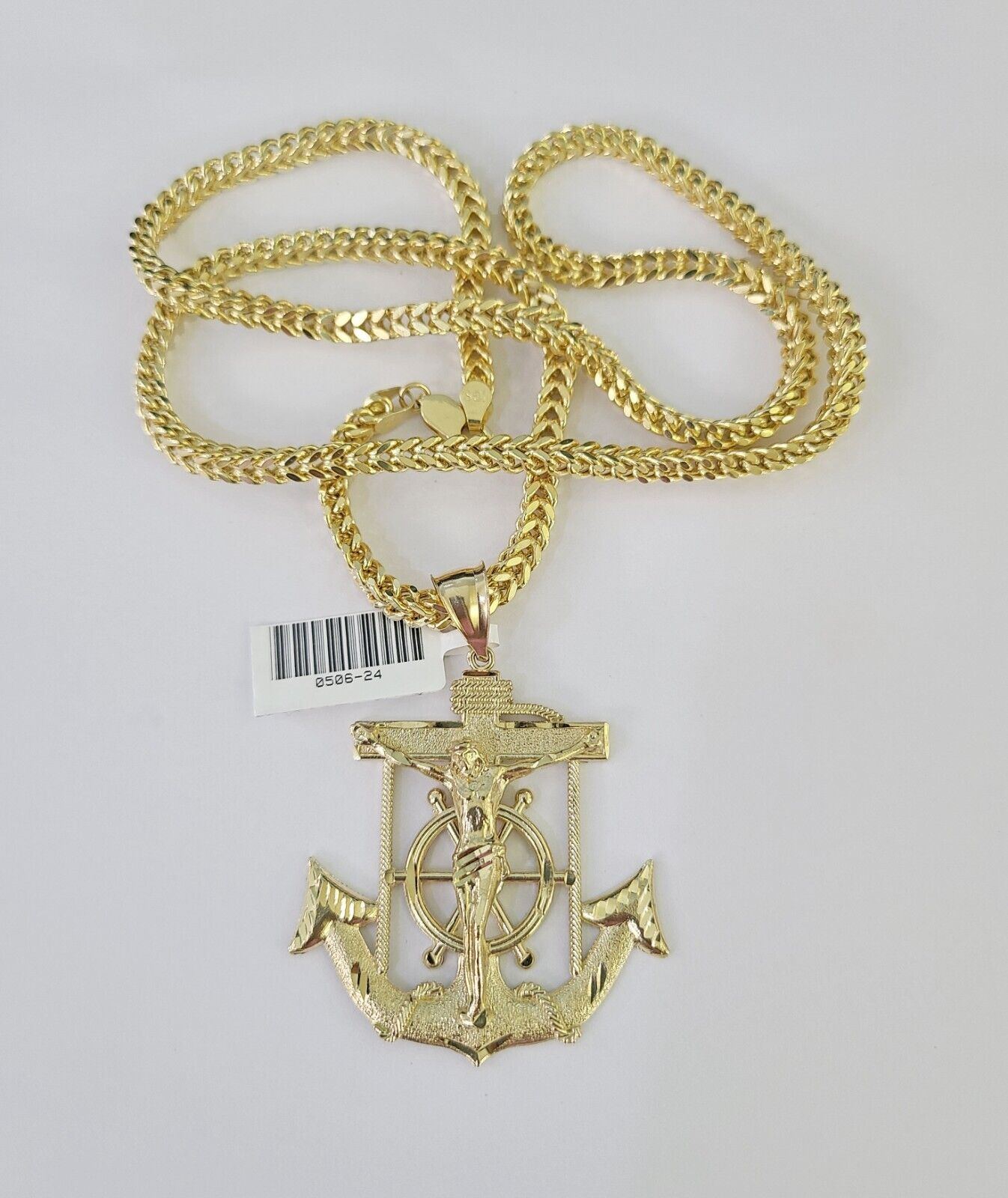 10K Franco Chain Jesus Anchor Pendant Charm Necklace 20"-28" 4mm Yellow Gold SET