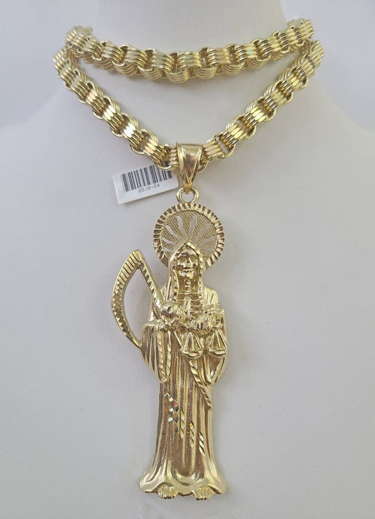 10k Gold Byzantine Necklace Reaper Charm 20-30 inches 9mm REAL SET Chain