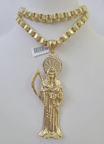 10k Gold Byzantine Necklace Reaper Charm 20-30 inches 9mm REAL SET Chain