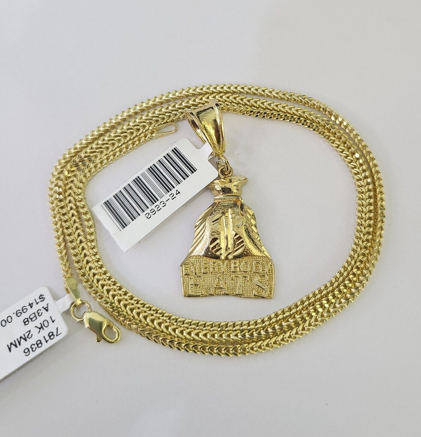 10K Franco Chain Everybody Eats Pendant Charm Necklace 16"-24" 2mm Gold SET