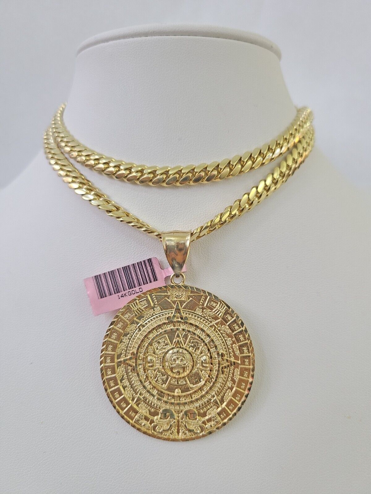 Real 14k Solid Chain Mayan Calendar Charm Set Miami Cuban Link 6mm Necklace