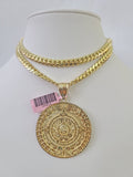 Real 14k Solid Chain Mayan Calendar Charm Set Miami Cuban Link 6mm Necklace