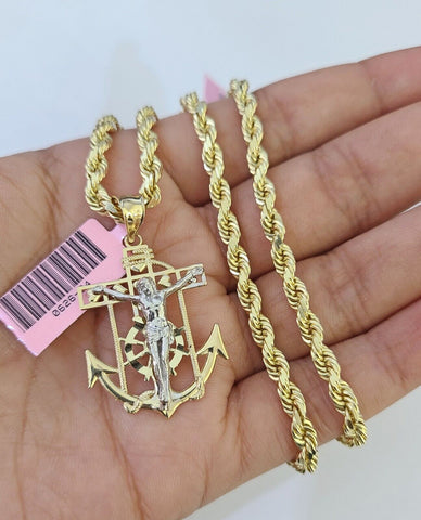 14k Solid Rope Chain Jesus Anchor Charm Set 4mm 18-28" Inch Necklace Yellow Gold