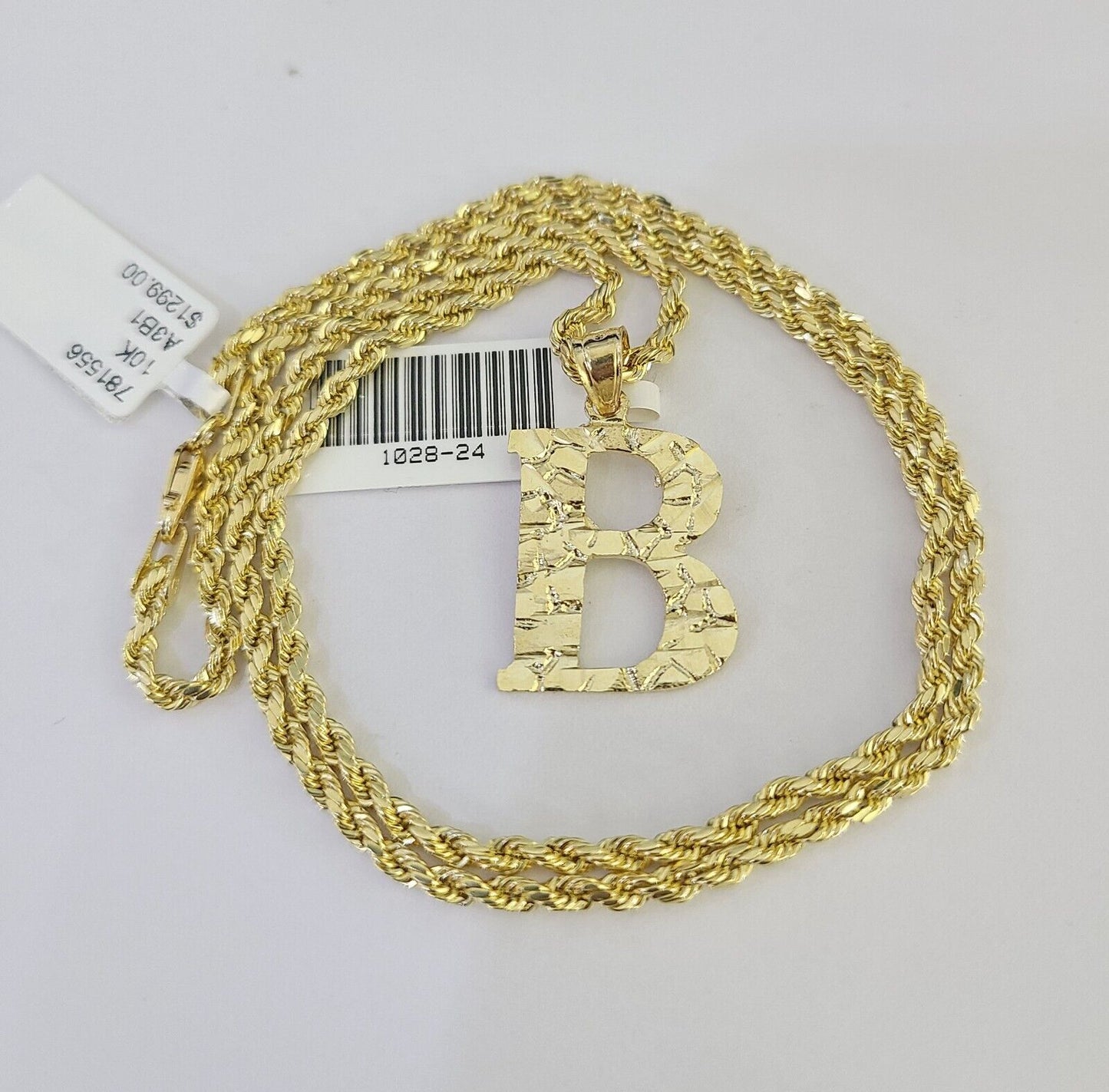 10k Gold Initial B Charm Rope Chain 16"-26" 2.5mm SET Necklace Alphabet Pendant