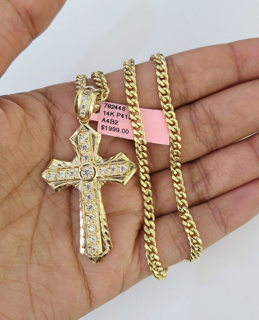 Real 14k Chain Cross Charm Set Miami Cuban Link 4mm Necklace Pendant Yellow Gold